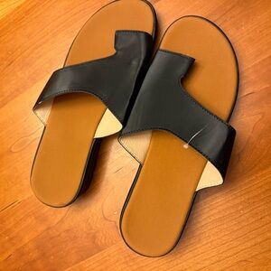 Black Slide Sandals with Tan Footbed